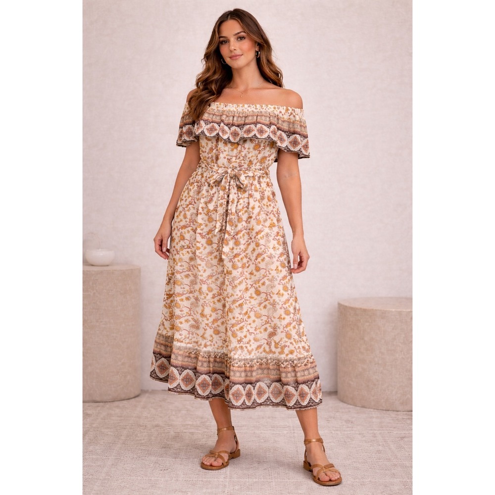 Margaux Riviera Off Shoulder Boho Maxi Dress Tiered Paisley Festival Cottagecore